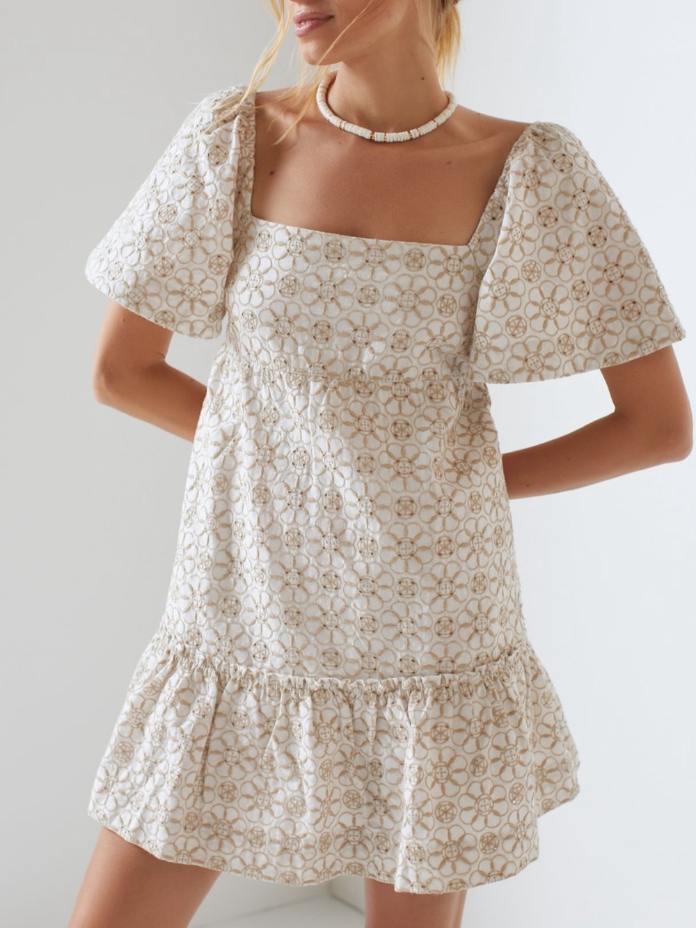 Anthropologie Maeve Cream Floral Embroidered Eyelet Square-Neck Mini Dress